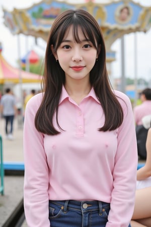 background is amusement park, 20 yo, 1 girl, beautiful Japanese girl, wearing pink collared long sleeve shirts,short jeans, happy smile, ride a merry-go-round, solo, {beautiful and detailed eyes}, dark eyes, calm expression, delicate facial features, ((model pose)), Glamor body type, (dark hair:1.2), simple tiny earrings, very_long_hair, hair past hip, bang, straight hair, flim grain, realhands, masterpiece, Best Quality, 16k, photorealistic, ultra-detailed, finely detailed, high resolution, perfect dynamic composition, beautiful detailed eyes, eye smile, ((nervous and embarrassed)), sharp-focus, full_body, cowboy_shot,