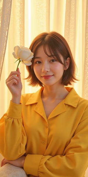 Realistic illustration, Surreal, Masterpiece, Elaborate details), (Simple background), ((Masterpiece, Best quality, High resolution, Highly detailed CG integrated 8K wallpaper)), An American woman with a perfect beautiful face, holding a white rose to her left eye and a pure bright smile. She is wearing an oversized yellow boxy shirt. Bright sunlight is filtered through the lace curtains fluttering in the wind behind her, creating a mysterious and fantastic scene. Stereoscopic, Aesthetic, Cinematic,