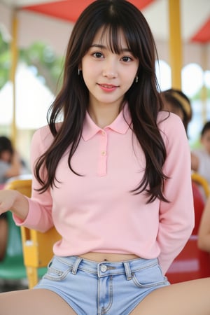 background is amusement park, 20 yo, 1 girl, beautiful Japanese girl, wearing pink collared long sleeve shirts,short jeans, happy smile, ride a merry-go-round, solo, {beautiful and detailed eyes}, dark eyes, calm expression, delicate facial features, ((model pose)), Glamor body type, (dark hair:1.2), simple tiny earrings, very_long_hair, hair past hip, bang, straight hair, flim grain, realhands, masterpiece, Best Quality, 16k, photorealistic, ultra-detailed, finely detailed, high resolution, perfect dynamic composition, beautiful detailed eyes, eye smile, ((nervous and embarrassed)), sharp-focus, full_body, cowboy_shot,