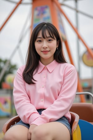 background is amusement park, 20 yo, 1 girl, beautiful Japanese girl, wearing pink collared long sleeve shirts,short jeans, happy smile, ride a merry-go-round, solo, {beautiful and detailed eyes}, dark eyes, calm expression, delicate facial features, ((model pose)), Glamor body type, (dark hair:1.2), simple tiny earrings, very_long_hair, hair past hip, bang, straight hair, flim grain, realhands, masterpiece, Best Quality, 16k, photorealistic, ultra-detailed, finely detailed, high resolution, perfect dynamic composition, beautiful detailed eyes, eye smile, ((nervous and embarrassed)), sharp-focus, full_body, cowboy_shot,