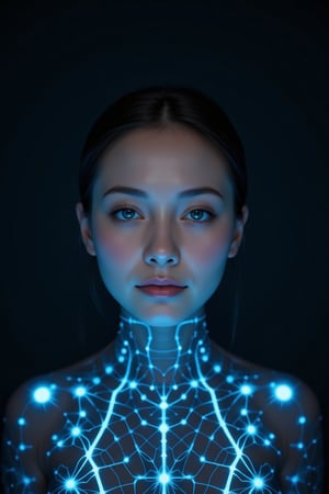 A digital portrait of a serene woman with aqua eyes, The woman has a futuristic aura with body and multiple layers of hyalinize clothing made out of glowing blue dots and connecting lines, on a smooth dark background, suggesting advanced holographic technology.
