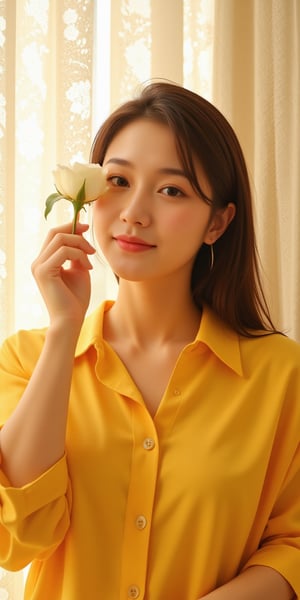 Realistic illustration, Surreal, Masterpiece, Elaborate details), (Simple background), ((Masterpiece, Best quality, High resolution, Highly detailed CG integrated 8K wallpaper)), An American woman with a perfect beautiful face, holding a white rose to her left eye and a pure bright smile. She is wearing an oversized yellow boxy shirt. Bright sunlight is filtered through the lace curtains fluttering in the wind behind her, creating a mysterious and fantastic scene. Stereoscopic, Aesthetic, Cinematic,