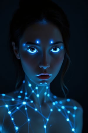 A digital portrait of a serene woman with aqua eyes, The woman has a futuristic aura with body and multiple layers of hyalinize clothing made out of glowing blue dots and connecting lines, on a smooth dark background, suggesting advanced holographic technology.
