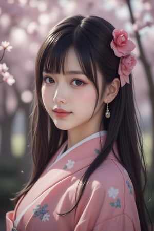 1girl, solo, looking at viewer, smile, bangs, black hair, hair ornament, red eyes, bow, jewelry, closed mouth, upper body, flower, earrings, outdoors, japanese clothes, pink eyes, kimono, blurry, tree, lips, parted bangs, eyelashes, makeup, depth of field, blurry background, floral print, cherry blossoms, tassel, hair rings, nose, branch