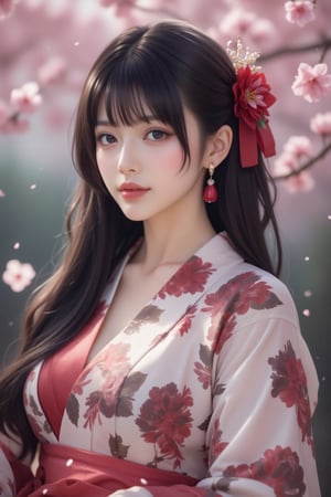 1girl, solo, looking at viewer, smile, bangs, black hair, hair ornament, red eyes, bow, jewelry, closed mouth, upper body, flower, earrings, outdoors, japanese clothes, pink eyes, kimono, blurry, tree, lips, parted bangs, eyelashes, makeup, depth of field, blurry background, floral print, cherry blossoms, tassel, hair rings, nose, branch