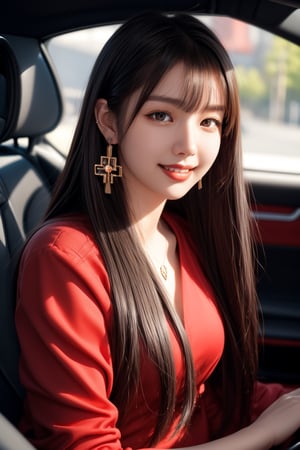 Highway, beautiful Korean girl, 16 years old, black hair (very long hair, straight hair, bangs), driving a car (red Porsche), small earrings, necklace, top quality, 32k, photorealistic, super detailed, Fine details, high resolution, perfect dynamic composition, beautiful detailed eyes, sharp focus, whole body, bright red dress, lovely smile, teeth,