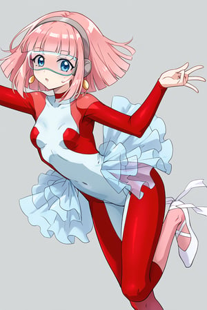 (Transparent goggles on eyes:1),Transparent very see-through skirt, (layer of pink socks:1.1), White ballet srippers,  (She is Layer  of very light blue leotard:1.3),  White ballet srippers,(red skinsuit:1.4),blue eyes,   (gray headphone:1), female ballet dancer,Pink hair, bob hair, semilong hair,  gold earrings,  1 woman, solo, alone, full body,cybertutu,female ballet dancer