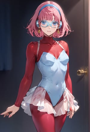 (Transparent goggles on eyes:1),Transparent very see-through skirt, (layer of pink socks:1.1), White ballet srippers,  (She is Layer  of very light blue leotard:1.3),  White ballet srippers,(red skinsuit:1.4),blue eyes,   (gray headphone:1), female ballet dancer,Pink hair, bob hair, semilong hair,  gold earrings,  1 mature mother, solo, alone, full body,cybertutu,female ballet dancer