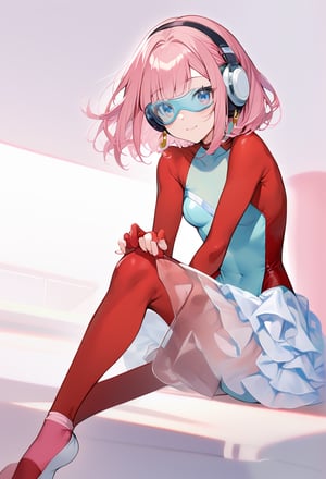 (Transparent goggles on eyes:1),Transparent very see-through skirt, (layer of pink socks:1.1), White ballet srippers,  (She is Layer  of very light blue leotard:1.3),  White ballet srippers,(red skinsuit:1.4),blue eyes,   (gray headphone:1), female ballet dancer,Pink hair, bob hair, semilong hair,  gold earrings,  1 mature mother, solo, alone, full body,cybertutu,female ballet dancer