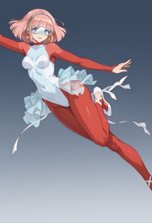 (Transparent goggles on eyes:1),Transparent very see-through skirt, (layer of pink socks:1.1), White ballet srippers,  (She is Layer  of very light blue leotard:1.3),  White ballet srippers,(red skinsuit:1.4),blue eyes,   (gray headphone:1), female ballet dancer,Pink hair, bob hair, semilong hair,  gold earrings,  1 mature female, solo, alone, full body,cybertutu,female ballet dancer