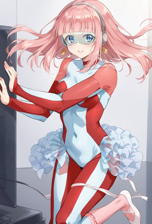 (Transparent goggles on eyes:1),Transparent very see-through skirt, (layer of pink socks:1.1), White ballet srippers,  (She is Layer  of very light blue leotard:1.3),  White ballet srippers,(red skinsuit:1.4),blue eyes,   (gray headphone:1), female ballet dancer,Pink hair, bob hair, semilong hair,  gold earrings,  1 mature female, solo, alone, full body,cybertutu,female ballet dancer