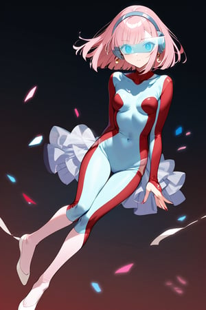  1 mature lady,(Transparent Visor on eyes:1),Transparent very see-through skirt, (layer of pink kneehigh socks:1.1), White ballet srippers,  White ballet srippers,(very light blue and crimson bodysuit:1.4),blue eyes,   (gray headphones:1), Pink hair, bob hair, semilong hair,  gold earrings, , solo, alone, full body,cybertutu,