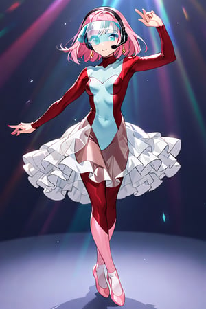  (very light blue and red bodysuit:1.4), skin tight, transparent Visor on eyes, blue eyes, (gray headset:1), Pink hair, bob hair, Medium hair, (gold earrings:1), , (transparent see-through skirt:1),(pink highsocks:1),White ballet shoes, 1 lady, solo, alone,angle-various, various pose, 