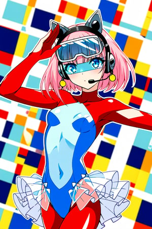  (very light blue leotard:1.4), (crimson bodysuit,1.3), transparent goggles on eyes, blue eyes, (gray headset:1.3), ears are hidden, Pink hair, bob hair, Medium hair, (gold earrings:1), , (transparent see-through skirt:1.1),, (pink highsocks:1),White ballet shoes, 1 lady, solo, alone,looking at viewer, angle-various, various-pose, ballet, ,<lora:659095807385103906:1.0>