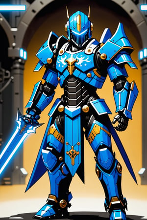 Create me a robot unit called the knight watcher, wears bright blue and black themed armor, unique design 8 feet tall powerful super soldier, Jump pack, holds a techno sword, magic energy coming out of hands big bulky armor 