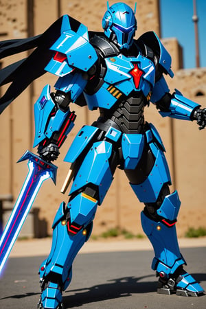 Create me a robot unit called the knight watcher, wears bright blue and black themed armor, unique design 8 feet tall powerful super soldier, Jump pack, holds a techno sword, magic energy coming out of hands 