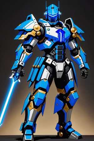 Create me a robot unit called the knight watcher, wears bright blue and black themed armor, unique design 8 feet tall powerful super soldier, Jump pack, uses a techno sword, magic energy coming out of hands 