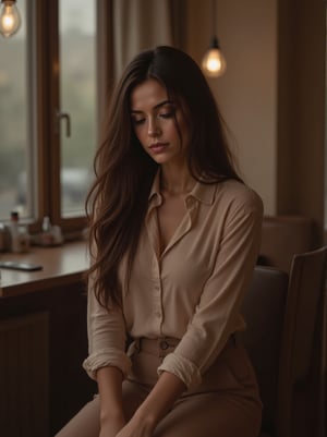 Professional photography, Wong Kar Wai movie lighting style, a charming sorrow beautiful eurpean woman with long straight dark hair wearing vintage blouse and vintage khaki pants, sshe looking down, sitting lean back in corner of restaurant, window with raindrop, set in 80s Berlin, bokeh,Nayane,pose