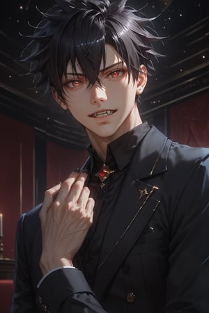 ((score_9, score_8_up,score_7_up)), caffee, inside, big Parfait, suit, fancy, high quality eyes, best quality, Anime_style, masterpiece, hypermaximalist, absurdres, very aesthetic, handsome teenage boy, 1boy, Expressiveh, black nails, tall, slender, wide shoulders, bara, Perfect anatomy, detailed body, perfect face, detailed face, male focus, 1guy, solo, five fingers, high quality hands, detailed hands, BREAK, highres, best quality, ((yuuya_tenjou, short hair, hair between eyes, spiked hair, bangs)), ((Dark eyes, fang, Ivan_ALST, black hair, red eye pupils, black eyes)), Expressiveh, concept art, dark theme,