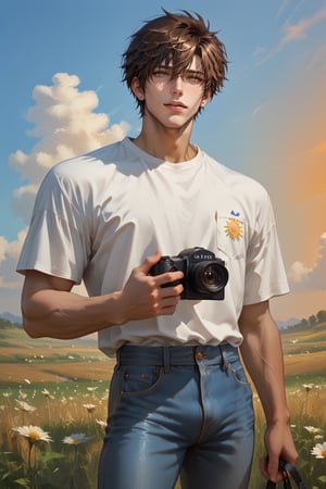 score_9, score_8_up,score_7_up,score_6_up, high quality eyes, best quality, masterpiece, absurdres, very aesthetic, semi realism, 2.5D, Expressiveh, looking at viewer,pants, tall,standing,Perfect anatomy, detailed body, small waist, lean, thick body, muscular, male, big pectorals, BREAK, anatomically correct hands, highres, best quality, delicate face,detailed facial features,detailed eyes, concept art, casual outfit, tucked in shirt, jeans, Scenery, In the midst of a blooming canola field during golden hour. The sky is filled with fluffy clouds, reflecting the warm hues of a sunset or sunrise, bright open smile,fang,1boy,kinomoto_touya,short hair,brown hair,brown eyes,male, nose, tan skin,focus,solo,rating_explicit,more detail XL,male focus, holding Camera, veiny arms, 