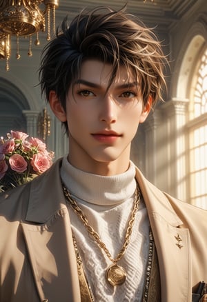 score_9, score_8_up, score_7_up, looking at viewer, dark brown hair, brown eyes, tsurime, slanted eye, upper eyelid, detailed eyes, color matching eyes, 1boy, solo, male focus, handsome, bishounen, Modern Mullet with Textured Top and Fringe, kinomoto_touya, tan skin, textured skin, soft pink lips, nose, bara, muscular, big pectorals, jewelry, parted lips, belt, pants, necklace, chain, pants, sunlight, realistic hair, rustic greenhouse, big elegant flower bouquet, soft dappled light shining through the greenhouse, chain necklace, hand tattoo, white turtleneck, brown suit, Big bouquet, soft gaze, soft smile, lips, inside, detailed skin,Expressiveh, 3D,