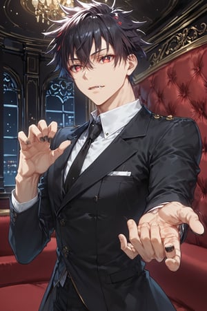 ((score_9, score_8_up,score_7_up)), caffee, inside, big Parfait, suit, fancy, high quality eyes, best quality, Anime_style, masterpiece, hypermaximalist, absurdres, very aesthetic, handsome teenage boy, 1boy, Expressiveh, black nails, tall, slender, wide shoulders, bara, Perfect anatomy, detailed body, perfect face, detailed face, male focus, 1guy, solo, five fingers, high quality hands, detailed hands, BREAK, highres, best quality, ((yuuya_tenjou, short hair, hair between eyes, spiked hair, bangs)), ((Dark eyes, fang, Ivan_ALST, black hair, red eye pupils, black eyes)), Expressiveh, concept art, dark theme,