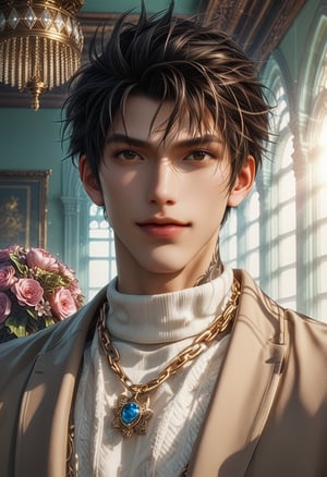 score_9, score_8_up, score_7_up, looking at viewer, Modern Mullet hair, wolf cut hairstyle, black hair, brown eyes, tsurime, slanted eye, upper eyelid, detailed eyes, color matching eyes, 1boy, solo, male focus, handsome, bishounen, , kinomoto_touya, tan skin, textured skin, pink lips, nose, bara, muscular, big pectorals, jewelry, parted lips, belt, pants, necklace, chain, pants, sunlight, realistic hair, rustic greenhouse, big elegant flower bouquet, soft dappled light shining through the greenhouse, chain necklace, hand tattoo, white turtleneck, brown suit, Big bouquet, soft gaze, soft smile, lips, inside, detailed skin,Expressiveh, 3D,