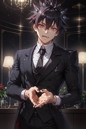 ((score_9, score_8_up,score_7_up)), caffee, inside, big Parfait, suit, fancy, high quality eyes, best quality, Anime_style, masterpiece, hypermaximalist, absurdres, very aesthetic, handsome teenage boy, 1boy, Expressiveh, black nails, tall, slender, wide shoulders, bara, Perfect anatomy, detailed body, perfect face, detailed face, male focus, 1guy, solo, five fingers, high quality hands, detailed hands, BREAK, highres, best quality, ((yuuya_tenjou, short hair, hair between eyes, spiked hair, bangs)), ((Dark eyes, fang, Ivan_ALST, black hair, red eye pupils, black eyes)), Expressiveh, concept art, dark theme,