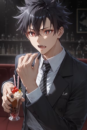 score_9, score_8_up,score_7_up, caffee, inside, Parfait, suit, fancy, high quality eyes, best quality, Anime_style, masterpiece, hypermaximalist, absurdres, very aesthetic, handsome teenage boy, 1boy, Expressiveh, black nails, tall, slender, wide shoulders, bara, perfect face, detailed face, male focus, 1guy, solo, five fingers, high quality hands, detailed hands, BREAK, highres, best quality, ((yuuya_tenjou, short hair, hair between eyes, spiked hair, bangs)), ((Dark eyes, fang, Ivan_ALST, black hair, red eye pupils, black eyes)), Expressiveh, concept art, dark theme.