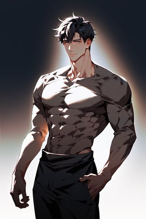 ((score_9, score_8_up,score_7_up)),, high quality eyes, best quality, masterpiece, absurdres, very aesthetic, Expressiveh, (casual fit, looking at viewer,,pants,tall,standing,, Perfect anatomy, detailed body, small waist, lean, thick body, muscular, male, big pectorals,), BREAK, anatomically correct hands, highres, best quality, Expressiveh, concept art, dark theme,1boy, male focus, solo,t0j1,short hair,black hair 