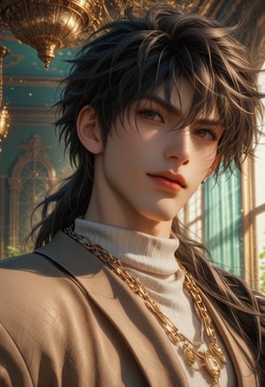 score_9, score_8_up, score_7_up, looking at viewer, long mullet hair, black hair, brown eyes, tsurime, upper eyelid, detailed eyes, color matching eyes, 1boy, solo, male focus, handsome, bishounen, kinomoto_touya, tan skin, textured skin, pinkest lips, nose, bara, muscular, big pectorals, jewelry, parted lips, belt, pants, necklace, chain, pants, sunlight, realistic hair, In a rustic greenhouse, dappled light shining through the greenhouse, chain necklace, white turtleneck, brown suit, soft gaze, soft smile, lips, inside, detailed skin,Expressiveh, 3D, Waist up portrait