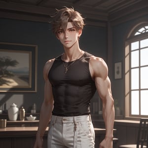 ((score_9, score_8_up,score_7_up)),, high quality eyes, best quality, masterpiece, absurdres, very aesthetic, Expressiveh, (casual fit, looking at viewer,,pants,tall,standing,, Perfect anatomy, detailed body, small waist, lean, thick body, muscular, male, big pectorals,), BREAK, anatomically correct hands, highres, best quality, Expressiveh, concept art, dark theme,1boy, male focus, solo,hair between eyes, SoumaHiro, HiroFinale, brown hair, brown eyes,Gaho_Zen,tan_skin,