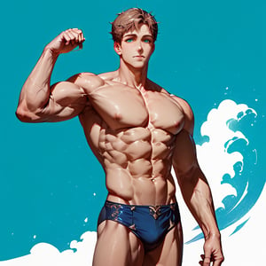 ((score_9, score_8_up,score_7_up)),, high quality eyes, best quality, masterpiece, absurdres, very aesthetic, Expressiveh, ((looking at viewer,,blue white speedo,tall,standing,, Perfect anatomy, detailed body, small waist, lean, thick body, muscular, male, big pectorals,)), BREAK, anatomically correct hands, highres, best quality, Expressiveh, concept art, dark theme,1boy, male focus, solo,tsubasa_tanuma, blue eyes, short hair, dark brown hair, beachside by the waves backround, flexing