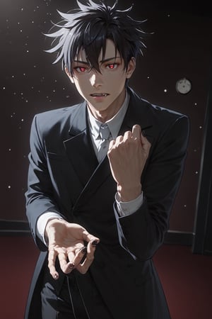 ((score_9, score_8_up,score_7_up)), caffee, inside, big Parfait, suit, fancy, high quality eyes, best quality, Anime_style, masterpiece, hypermaximalist, absurdres, very aesthetic, handsome teenage boy, 1boy, Expressiveh, black nails, tall, slender, wide shoulders, bara, Perfect anatomy, detailed body, perfect face, detailed face, male focus, 1guy, solo, five fingers, high quality hands, detailed hands, BREAK, highres, best quality, ((yuuya_tenjou, short hair, hair between eyes, spiked hair, bangs)), ((Dark eyes, fang, 1fang, Ivan_ALST, black hair, red eye pupils, black eyes)), Expressiveh, concept art, dark theme,