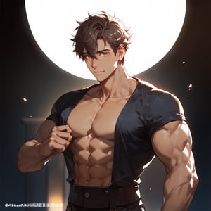 ((score_9, score_8_up,score_7_up)),, high quality eyes, best quality, masterpiece, absurdres, very aesthetic, Expressiveh, (casual fit, looking at viewer,,pants,tall,standing,, Perfect anatomy, detailed body, small waist, lean, thick body, muscular, male, big pectorals,), BREAK, anatomically correct hands, highres, best quality, Expressiveh, concept art, dark theme,1boy, male focus, solo,hair between eyes, brown hair, brown eyes,Gaho_Zen,tan_skin,