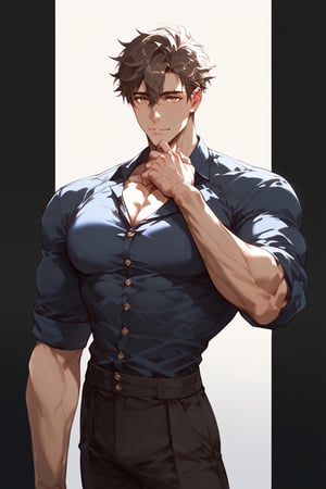 ((score_9, score_8_up,score_7_up)),, high quality eyes, best quality, masterpiece, absurdres, very aesthetic, Expressiveh, (casual fit, looking at viewer,,pants,tall,standing,, Perfect anatomy, detailed body, small waist, lean, thick body, muscular, male, big pectorals,), BREAK, anatomically correct hands, highres, best quality, Expressiveh, concept art, dark theme,1boy, male focus, solo,hair between eyes, SoumaHiro, HiroFinale, brown hair, brown eyes,Gaho_Zen,tan_skin