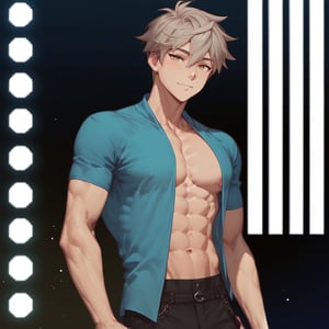 ((score_9, score_8_up,score_7_up)),, high quality eyes, best quality, masterpiece, absurdres, very aesthetic, Expressiveh, (casual fit, looking at viewer,,pants,tall,standing,, Perfect anatomy, detailed body, small waist, lean, thick body, muscular, male, big pectorals,), BREAK, anatomically correct hands, highres, best quality, Expressiveh, concept art, dark theme,1boy, male focus, solo,hair between eyes, SoumaHiro, HiroFinale, brown hair, brown eyes,Gaho_Zen,tan_skin,