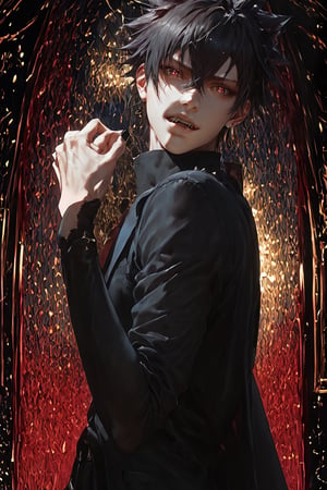 ((score_9, score_8_up,score_7_up)), caffee, inside, big Parfait, suit, fancy, high quality eyes, best quality, Anime_style, masterpiece, hypermaximalist, absurdres, very aesthetic, handsome teenage boy, 1boy, Expressiveh, black nails, tall, slender, wide shoulders, bara, Perfect anatomy, detailed body, perfect face, detailed face, male focus, 1guy, solo, five fingers, high quality hands, detailed hands, BREAK, highres, best quality, ((yuuya_tenjou, short hair, hair between eyes, spiked hair, bangs)), ((Dark eyes, fang, 1fang, Ivan_ALST, black hair, red eye pupils, black eyes)), Expressiveh, concept art, dark theme,