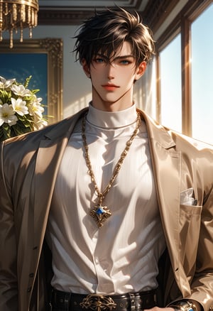 Prompt: score_9, score_8_up, score_7_up, looking at viewer, bara, bishounen, short hair, bangs, black hair, brown hair, 1boy, bishounen,tsurime,kinomoto_touya, tan skin, detailed eyes, matching eyes, solo, brown eyes, male focus, lean, big pectorals, muscular, jewelry, parted lips, midriff, belt, pants, necklace, chain, pants, sunlight, dappled light, brown suit, hand tattoo, white_turtleneck, chain necklace, beach resort, Big bouquet on left hand, more detail XL, soft gaze, soft smile, inside, detailed skin,Expressiveh