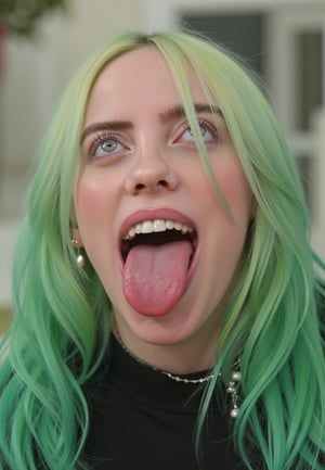 Billie Eilish angry, opening mouth and wide tongue out, zoom on her mouth and tongue 
