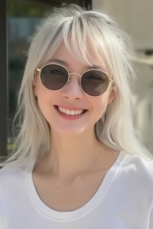 1woman,28 years old,smiling,white long hair,green eyes,round sunglasses,white open t-shirt,(((on the t-shirt,loneyl)))writes(best quality,high level :),(vibrant colors,colour :), (bokeh),(full length portraits), (studio lighting),(ultra fine image),(sharp) focus),(highly detailed eyes, body and face),(detailed lips),(beautiful detailed eyes),( long eyelashes)