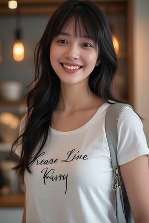 1woman,28 years old,smiling,black long hair,black eyes,,white open t-shirt,(((on the t-shirt,loneyl)))writes(best quality,high level :),(vibrant colors,colour :), (bokeh),(full length portraits), (studio lighting),(ultra fine image),(sharp) focus),(highly detailed eyes, body and face),(detailed lips),(beautiful detailed eyes),( long eyelashes)