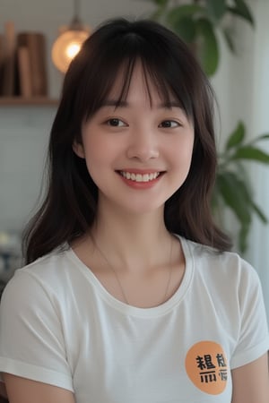 1woman,28 years old,smiling,black long hair,black eyes,,white open t-shirt,(((on the t-shirt,loneyl)))writes(best quality,high level :),(vibrant colors,colour :), (bokeh),(full length portraits), (studio lighting),(ultra fine image),(sharp) focus),(highly detailed eyes, body and face),(detailed lips),(beautiful detailed eyes),( long eyelashes)