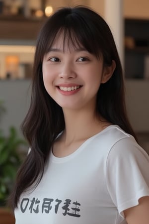 1woman,28 years old,smiling,black long hair,black eyes,,white open t-shirt,(((on the t-shirt,loneyl)))writes(best quality,high level :),(vibrant colors,colour :), (bokeh),(full length portraits), (studio lighting),(ultra fine image),(sharp) focus),(highly detailed eyes, body and face),(detailed lips),(beautiful detailed eyes),( long eyelashes)