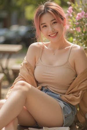 a super realistic full body image of an asian girl, Sitting down with one knee pulled up and her arms draped loosely over her legs, adding a natural, relaxed vibe. One leg is extended out, and her body leans slightly back, showing she’s comfortable and at ease. A warm, relaxed smile, with eyes softly focused, as if enjoying a quiet moment. Her expression conveys calm and approachability.
 A cozy, warm-toned setting, perhaps a sunny park or coffee shop background. Soft light shines on her, giving a sense of a lazy afternoon. She has pink hair.