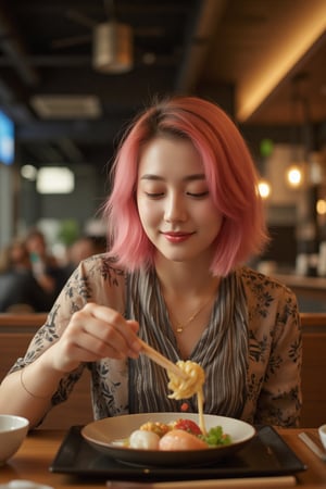 a super realistic full body image of an asian girl, Holding chopsticks in one hand, gently picking up a piece of sushi or noodle, with the other hand resting on the table. Her posture is relaxed yet poised, creating a snapshot of mid-meal charm.  A soft, contented smile and focused gaze at her meal, showing she’s enjoying the experience. Set the scene in a modern Japanese restaurant, with moody lighting and warm wood accents, adding depth and sophistication to the background. She has pink hair.