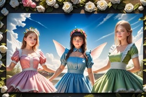 three beauty maiden fairies, they have wings on their backs, flower crowns on their heads, {(they wear maid dress outfits : pink dress, green dress, blue dress)}, smiling, BREAK, (best quality,4k,8k,highres,masterpiece:1.2),ultra-detailed,(realistic,photo-realistic:1.37),cinematic lighting,moody lighting,dramatic shadows,vibrant colors, (expressive eyes, perfect face, perfect anatomy),Intricate details,Extremely detailed,Outstanding intricacies,(Masterpiece:1.2),(Best quality:1.2),(Absurdres absolutely resolution:1.4)