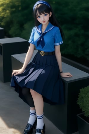 anime of adorable young woman, standing and posing at school 's outdoor, smiling, she has black hair (+forehead, half up half down), wearing short sleeves collared shirt (+azure-blue shirt), navy-blue scout-kerchief, navy-blue pleated pencil long skirt, black belt with gold circle buckle, white socks and black mary-jane shoes, BREAK, (short sleeves collared shirt (+azure-blue shirt), navy-blue scout-kerchief, navy-blue pleated pencil long skirt, black belt with gold circle buckle, white socks and black mary-jane shoes), BREAK, ((best quality,4k,8k,highres,masterpiece:1.2),ultra-detailed, (very aesthetic:1.2), (absurdres:1.2), (detailed background), intricate details, newest), (1girl, solo, full body), (japanese anime style),(expressive eyes, perfect face, perfect anatomy)