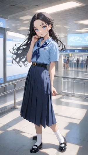 beauty young girl posing at airport, she has black hair (forehead, longh hair, half up half down), wearing pastel indigo-blue short sleeves collared shirt, navy-blue neckerchief, navy-blue pleated pencil long skirt, black belt with gold circle buckle, white socks and black mary-jane shoes, ((masterpiece:1.2), (best quality:1.2), (very aesthetic:1.2), (absurdres:1.2), (detailed background),intricate details, newest, sfw), (1girl, solo, full body, front view, looking at viewer), (japanese anime style), (expressive eyes, perfect face, perfect anatomy), BREAK, (pastel indigo-blue short sleeves collared shirt, navy-blue neckerchief, navy-blue pleated pencil long skirt, black belt with gold circle buckle, white socks and black mary-jane shoes)