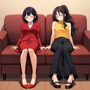 2 unconscious beautiful women are sleeping while sitting on couch, closed eyes, {one girl : black short hair, all red office worker outfit, red long sleeves blazer, red pencil skirt, red heels}, {another one girl : black wavy ponytail, yellow sleeveless shirt, black long trousers, black heel sandals}, BREAK, ((masterpiece:1.2), (best quality:1.2), (very aesthetic:1.2), (absurdres:1.2), (detailed background),intricate details, newest, (1girl, solo, full body, front view, looking at viewer), (japanese anime style), (expressive eyes, perfect face, perfect anatomy)